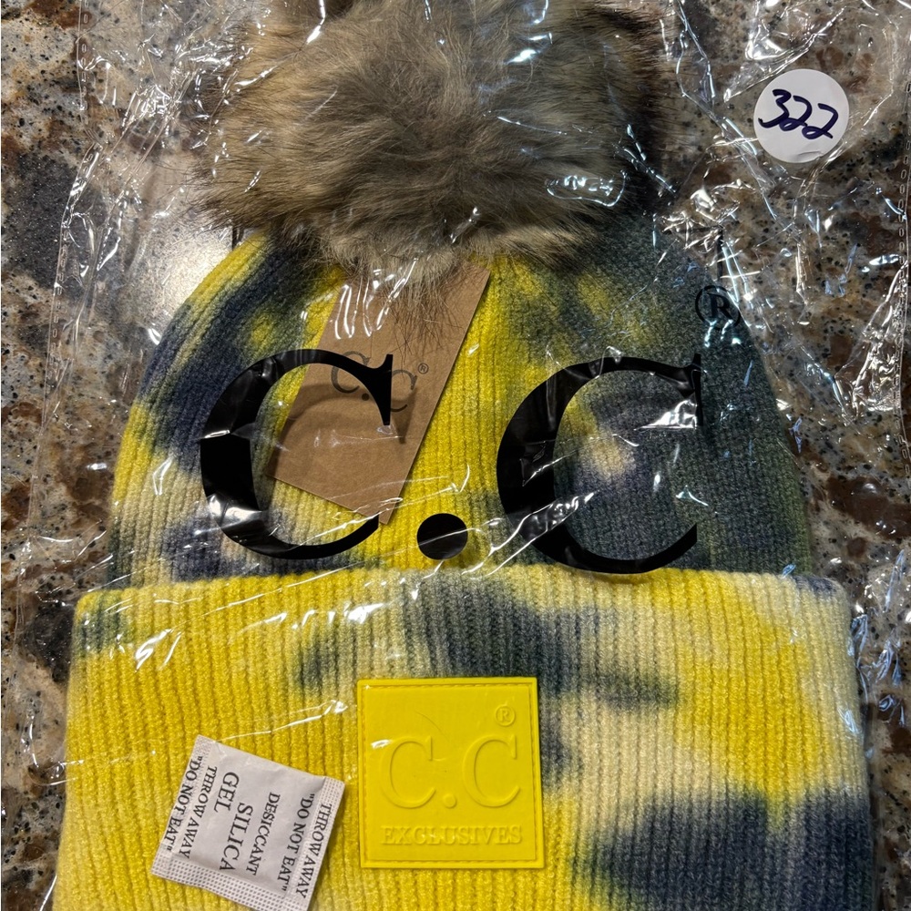 C.C Adult or Kids Tie-Dye Pom Beanie - Yellow & Gray